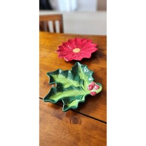 Christmas Poinsettia Holly Leaf Ceramic Trinket Dish Set Holiday Decor